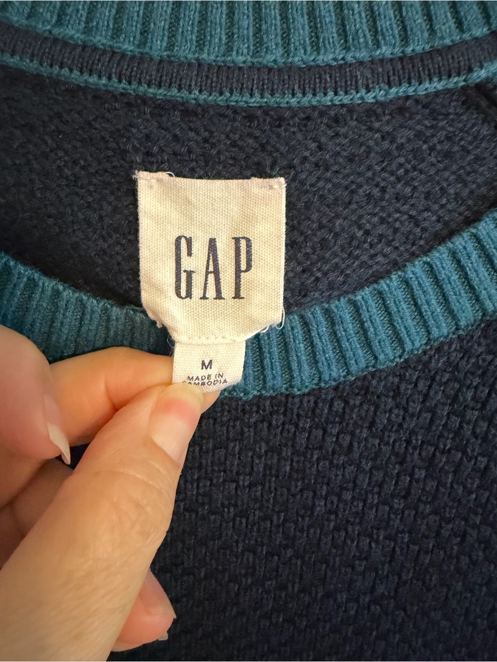 GAP Women's Medium Colorblock Raglan Sweater Navy Blue Teal Textured Crewneck M - Picture 2 of 5